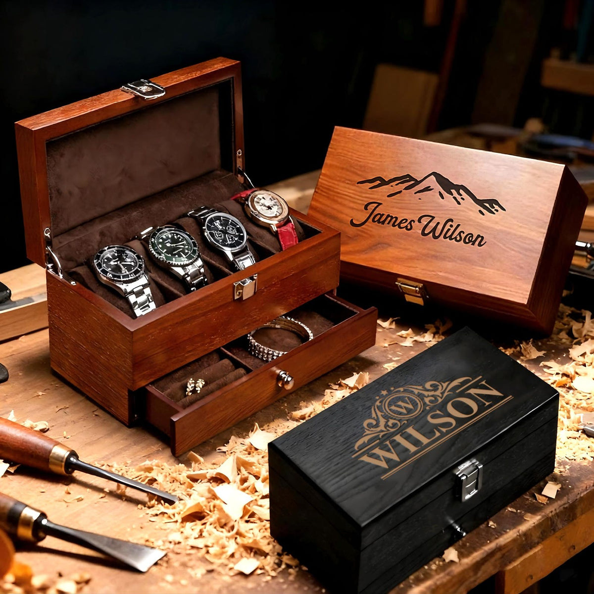 Personalized Engraved Watch Box: Watch and Jewelry Wooden Storage Anniversary Gift for Him & Her