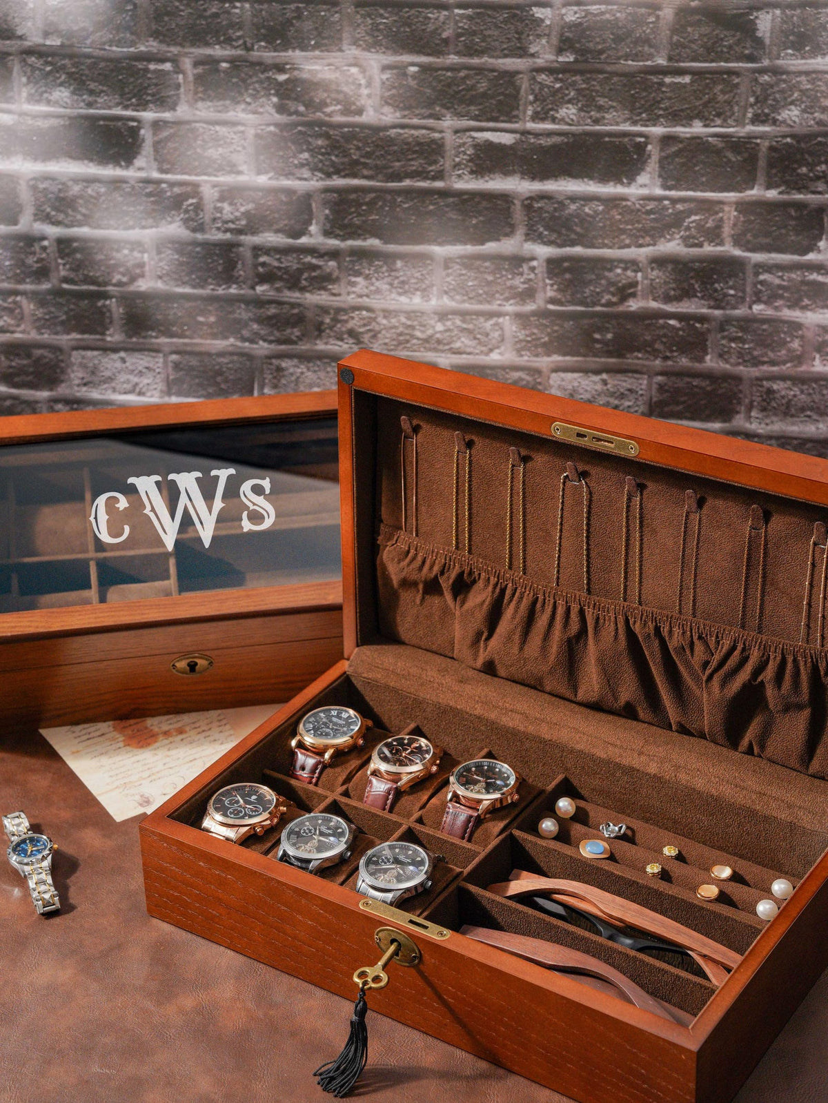 Personalized Wooden Watch Organizer with Lock, Customized Watch Display Case for 6 Watches, Engraved Wooden Watch Case, Watch Box for Men