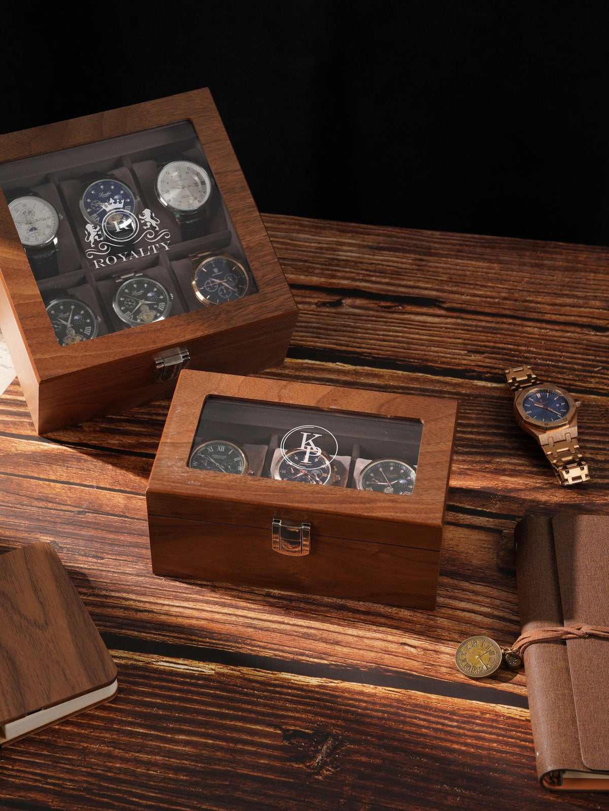 Personalized Wooden Watch Box for Men, Glass Lid Watch Display Case with Custom Initials, Luxury Watch Organizer Gift
