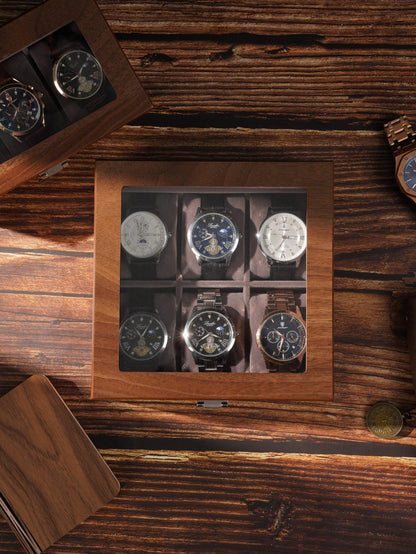 Personalized Walnut Wood Watch Box, Engraved Glass Lid Watch Storage, Custom Initial Gift for Him, Husband, Boyfriend