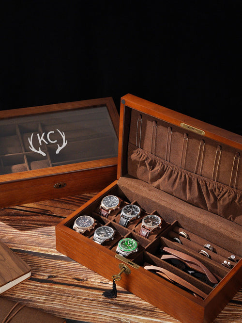 Personalized Wooden Jewelry - Watch Box with Lock, Multi-Layer Organizer for Men & Women, Ring Eyeglasses Storage, Custom Monogram Gift