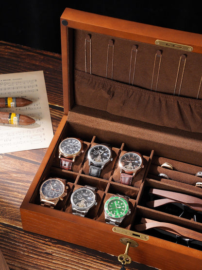 Personalized Wooden Jewelry - Watch Box with Lock, Multi-Layer Organizer for Men & Women, Ring Eyeglasses Storage, Custom Monogram Gift