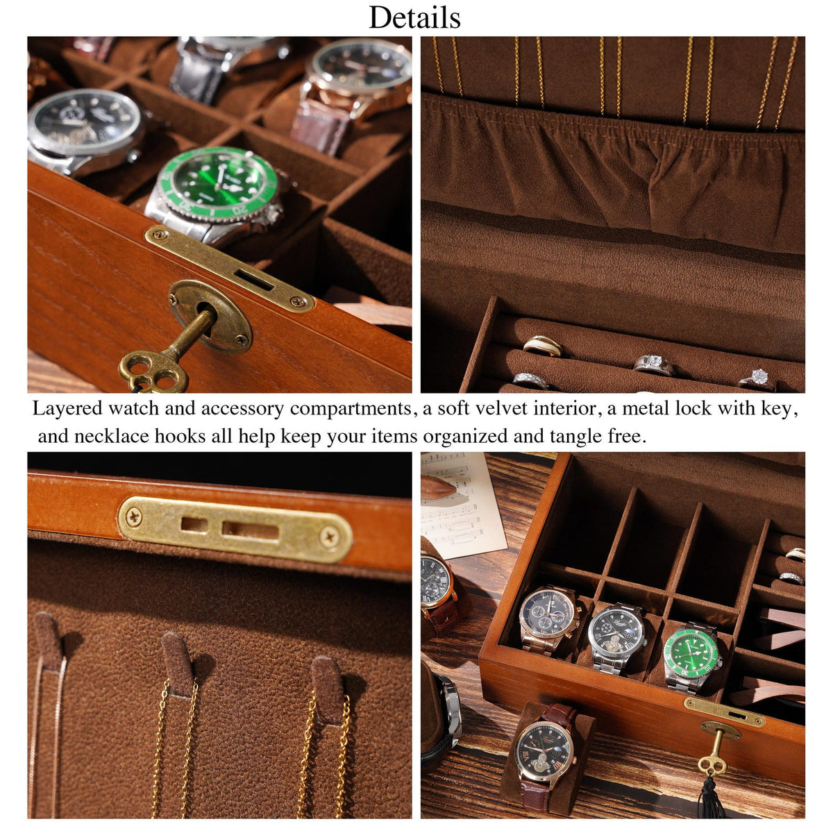 Personalized Wooden Jewelry - Watch Box with Lock, Multi-Layer Organizer for Men & Women, Ring Eyeglasses Storage, Custom Monogram Gift