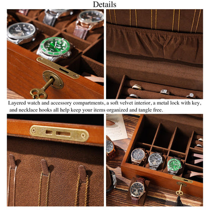 Personalized Wooden Jewelry - Watch Box with Lock, Multi-Layer Organizer for Men & Women, Ring Eyeglasses Storage, Custom Monogram Gift