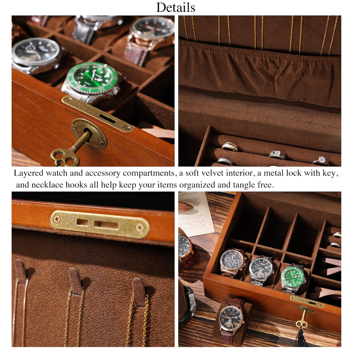 Personalized Wooden Jewelry - Watch Box with Lock, Multi-Layer Organizer for Men & Women, Ring Eyeglasses Storage, Custom Monogram Gift