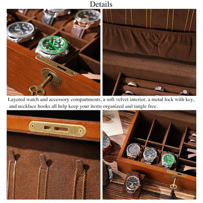 Personalized Wooden Jewelry - Watch Box with Lock, Multi-Layer Organizer for Men & Women, Ring Eyeglasses Storage, Custom Monogram Gift