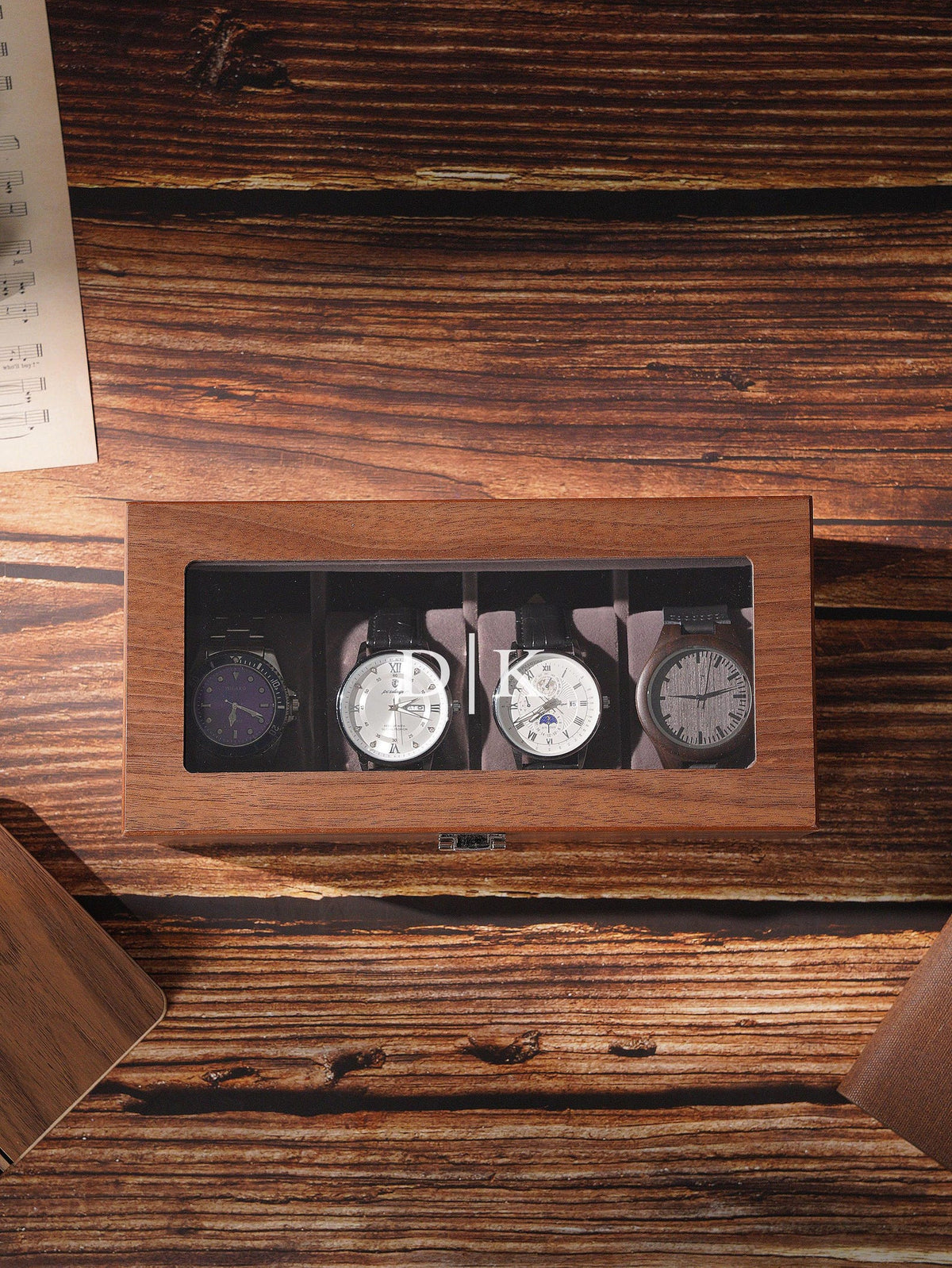 Personalized Walnut Wood Watch Box, Engraved Glass Lid Watch Storage, Custom Initial Gift for Him, Husband, Boyfriend