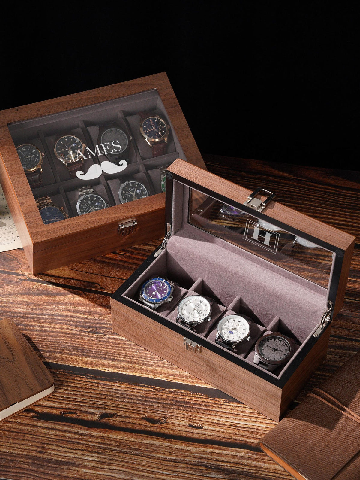 Personalized Walnut Wood Watch Box, Engraved Glass Lid Watch Storage, Custom Initial Gift for Him, Husband, Boyfriend