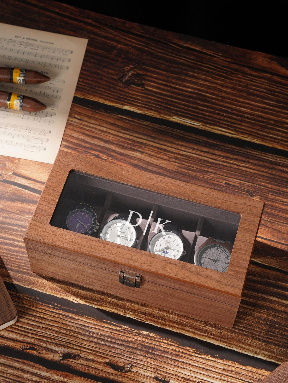 Personalized Wooden Watch Box for Men, Glass Lid Watch Display Case with Custom Initials, Luxury Watch Organizer Gift