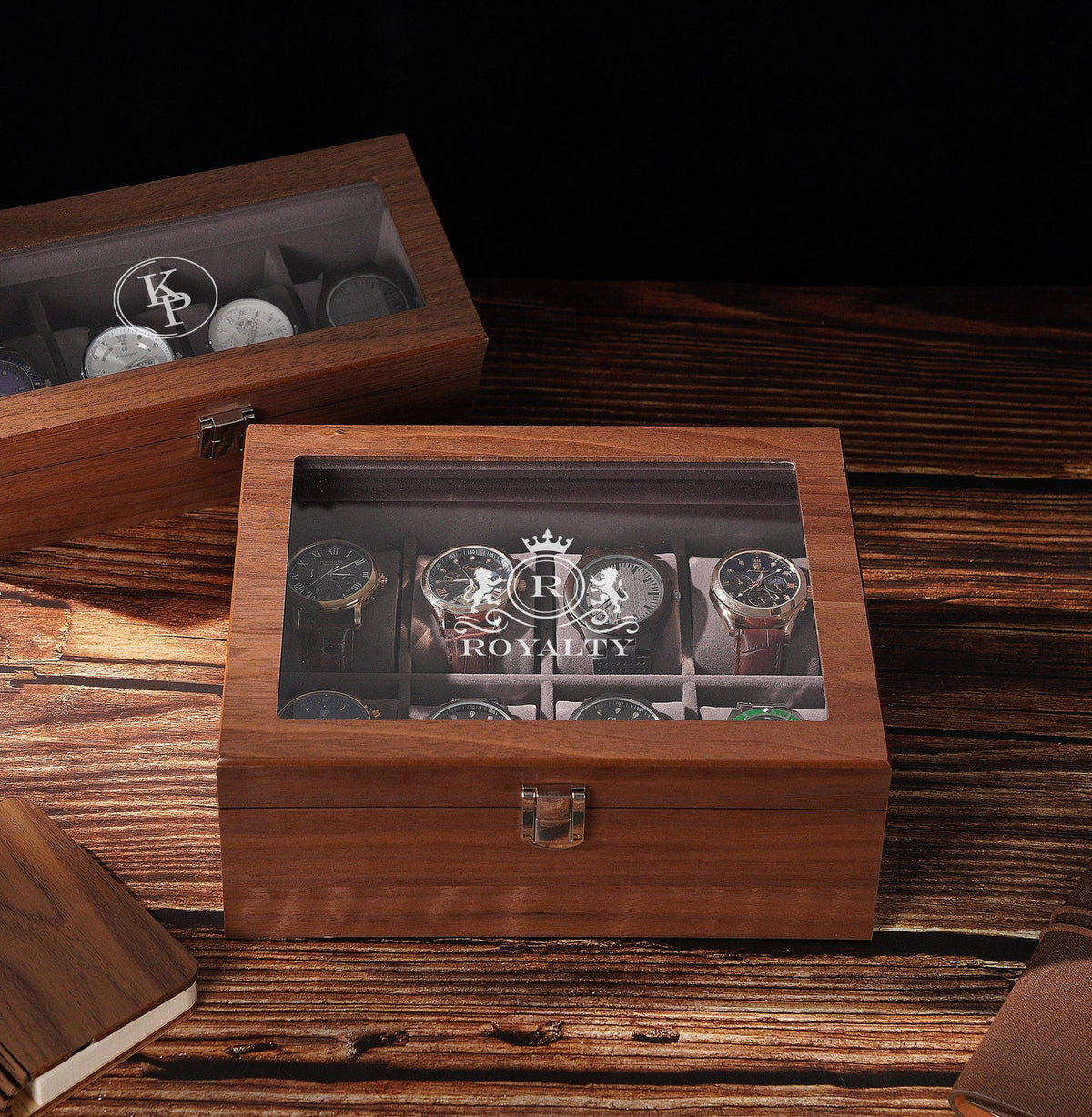 Personalized Walnut Wood Watch Box, Engraved Glass Lid Watch Storage, Custom Initial Gift for Him, Husband, Boyfriend