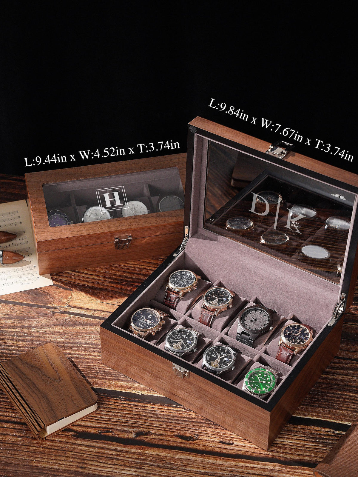 Personalized Wooden Watch Box for Men, Glass Lid Watch Display Case with Custom Initials, Luxury Watch Organizer Gift