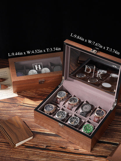 Personalized Wooden Watch Box for Men, Glass Lid Watch Display Case with Custom Initials, Luxury Watch Organizer Gift