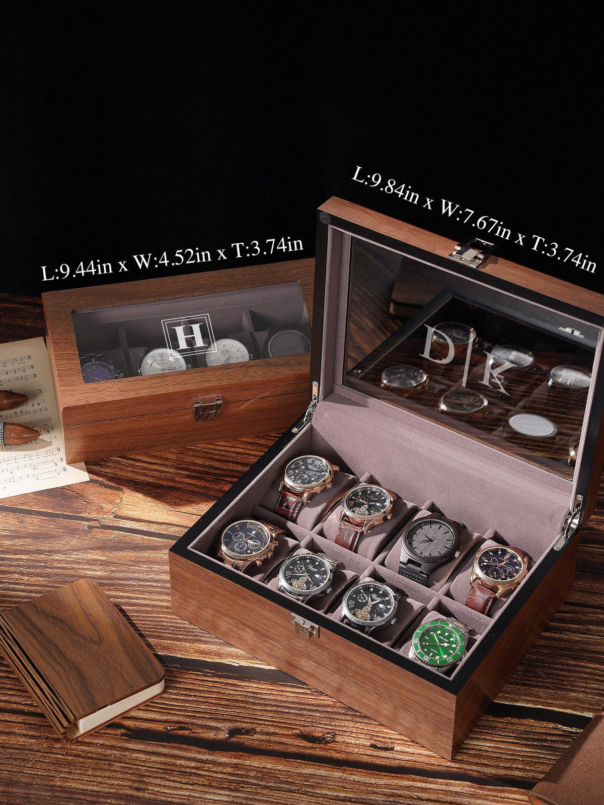 Personalized Walnut Wood Watch Box, Engraved Glass Lid Watch Storage, Custom Initial Gift for Him, Husband, Boyfriend