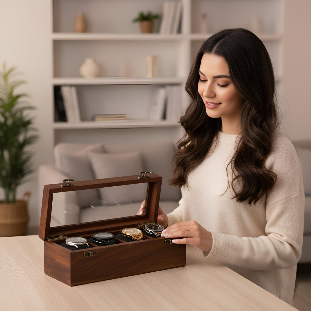 Personalised 4 Slots Wooden Watch Box for Men & Women, Timepiece Display Case, Jewelry Storage Organizer, Gift for Husband, Wedding Gift