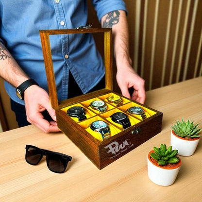 Handmade Wooden Watch Box | 6-Slot Yellow Velvet Display Case