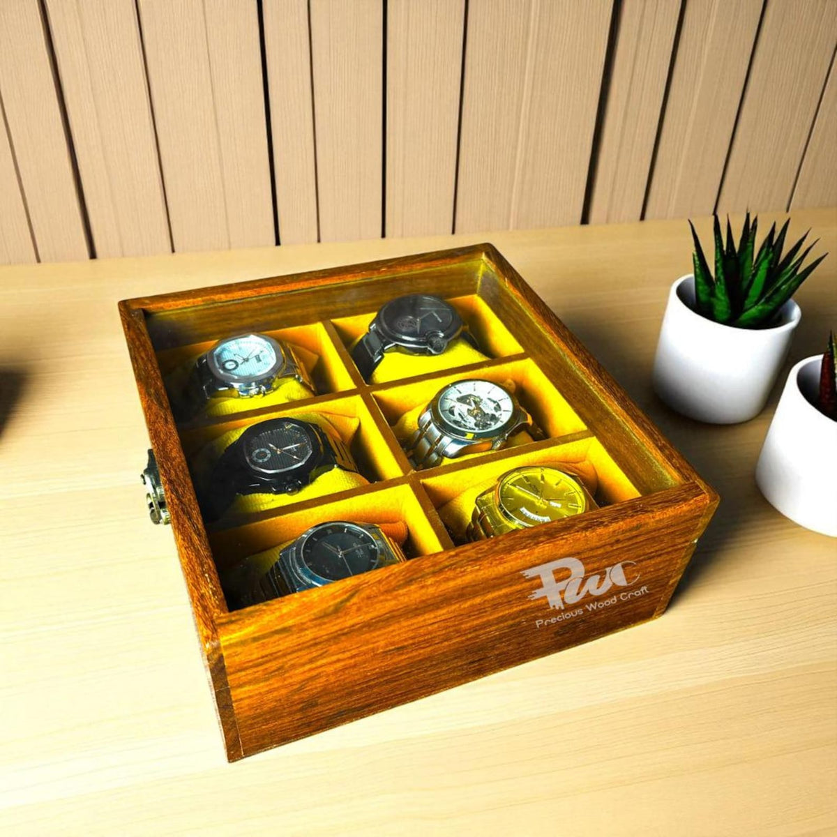 Handmade Wooden Watch Box | 6-Slot Yellow Velvet Display Case