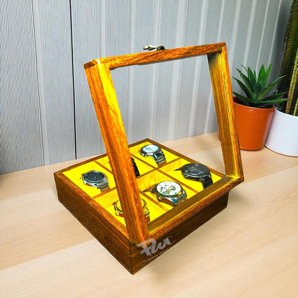 Handmade Wooden Watch Box | 6-Slot Yellow Velvet Display Case
