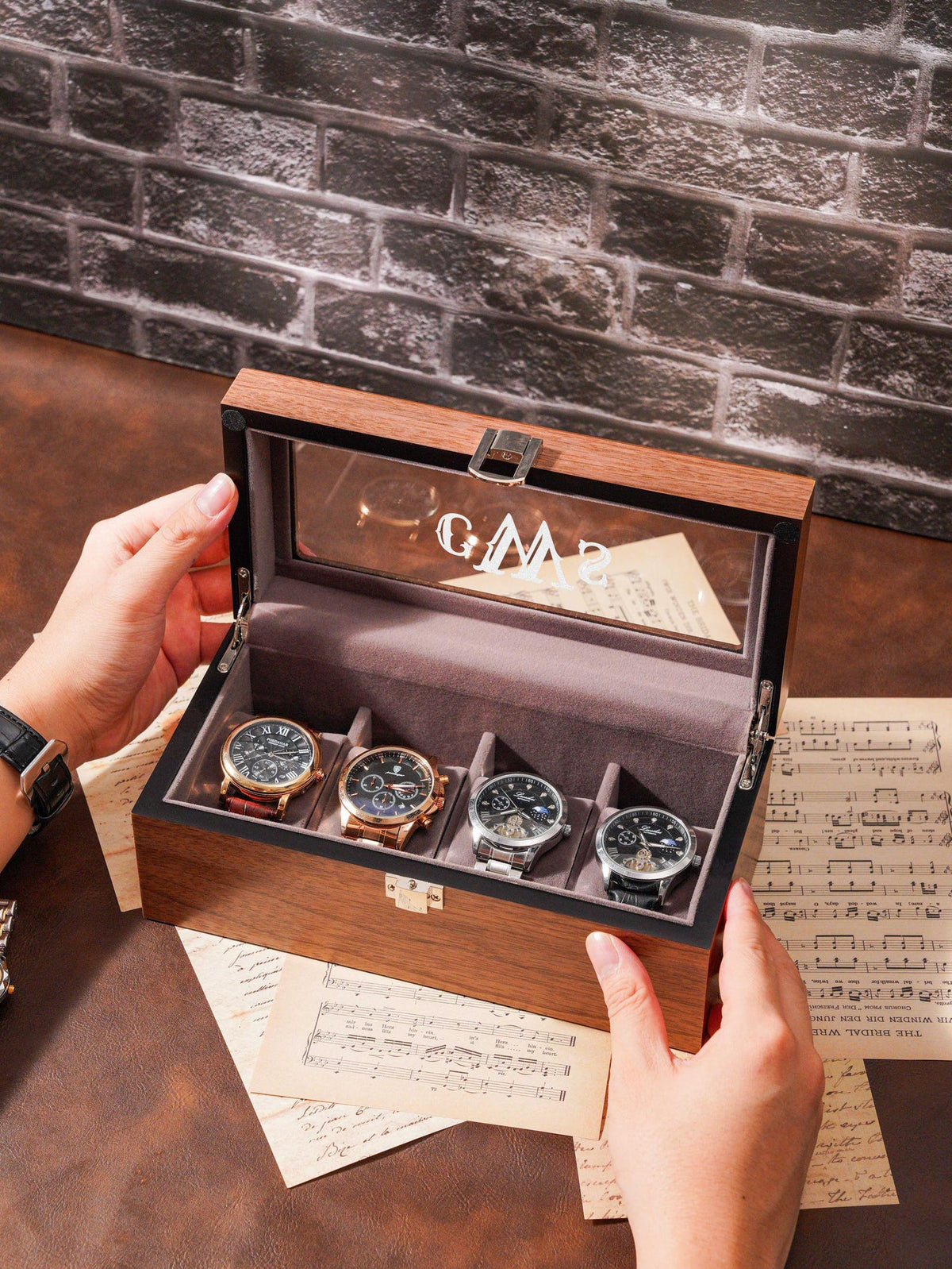 Personalized Engraved Watch Box, Customized Watch Storage Case, Birthday Gift for Men, Walnut Watch Box for 6 slot Watches, Anniversary Gift