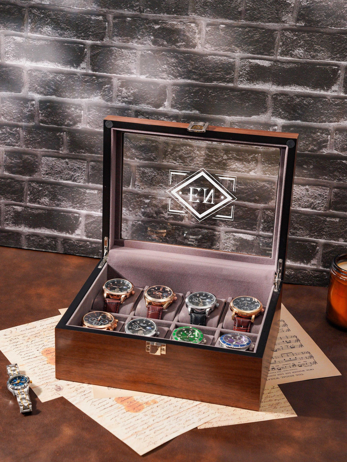 Personalized Engraved Watch Box, Customized Watch Storage Case, Birthday Gift for Men, Walnut Watch Box for 6 slot Watches, Anniversary Gift