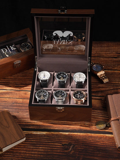 Personalized Wooden Watch Box for Men, Glass Lid Watch Display Case with Custom Initials, Luxury Watch Organizer Gift