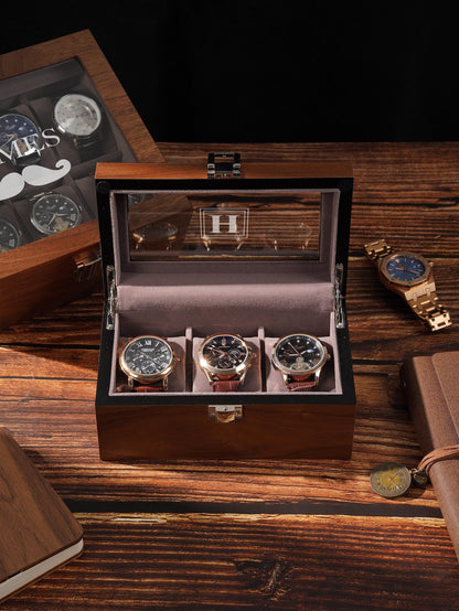 Personalized Wooden Watch Box for Men, Glass Lid Watch Display Case with Custom Initials, Luxury Watch Organizer Gift