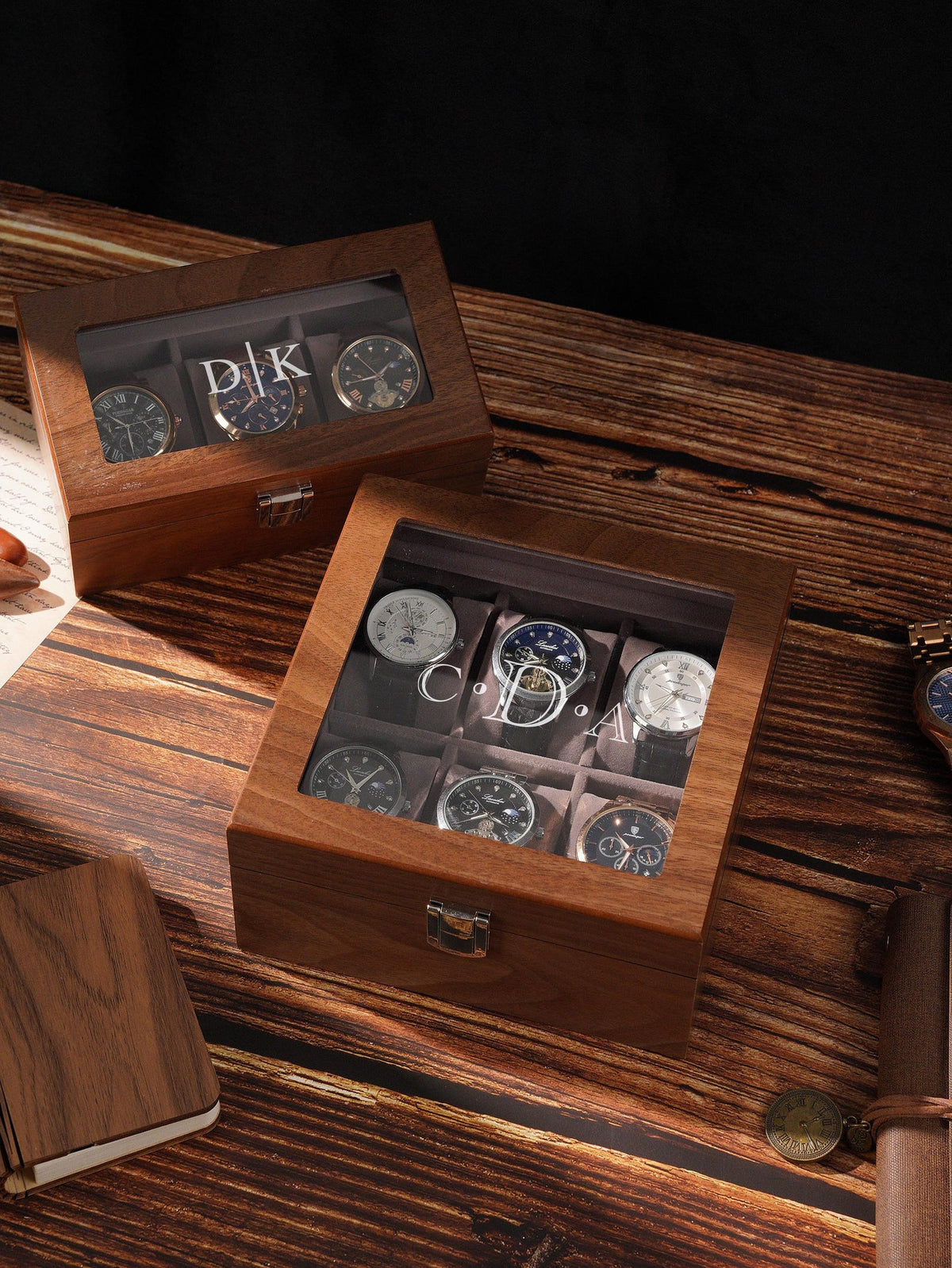 Personalized Wooden Watch Box for Men, Glass Lid Watch Display Case with Custom Initials, Luxury Watch Organizer Gift