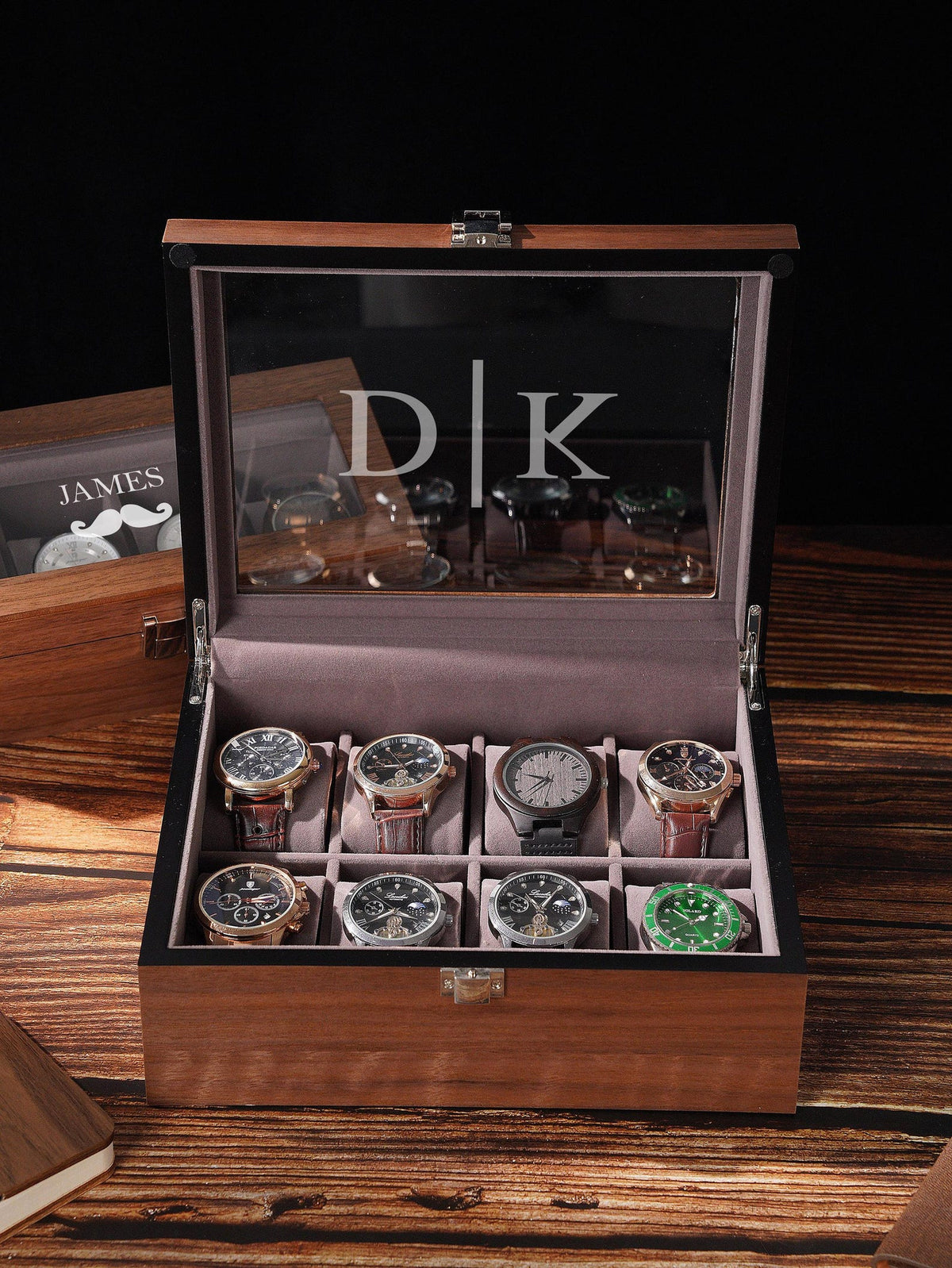 Personalized Wooden Watch Box for Men, Glass Lid Watch Display Case with Custom Initials, Luxury Watch Organizer Gift