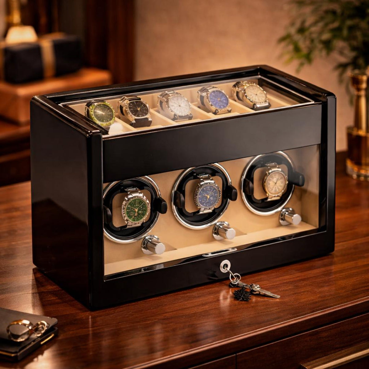 Lockable Piano Lacquer Watch Winder – Automatic Rotation & Storage