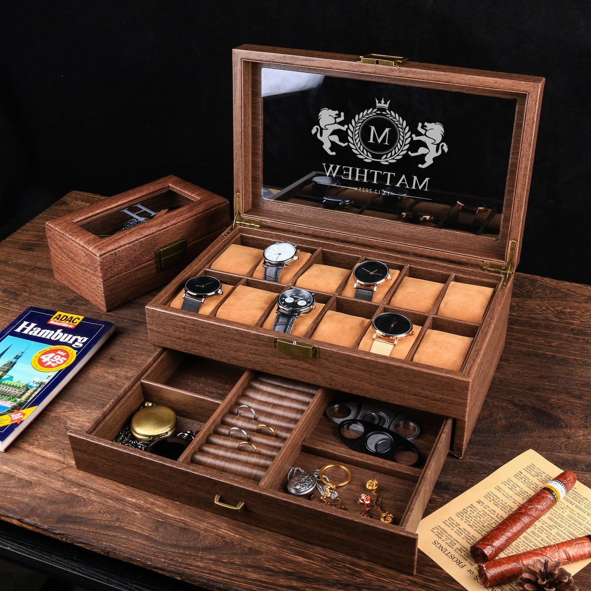 TWO Layers 6 12 Slot Personalized Men's Watch Box, Custom Engraved Watch Box, Watch Storage gift for Dad, Birthday Gift for Him