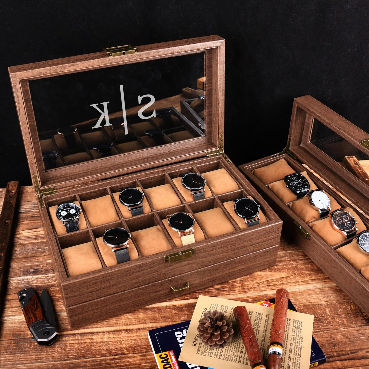 Personalized Engraved Watch Box, With Drawer Watch Display Case for 6 12 Watches, Valentines Day gift for Him, Gift for husband & boyfriend