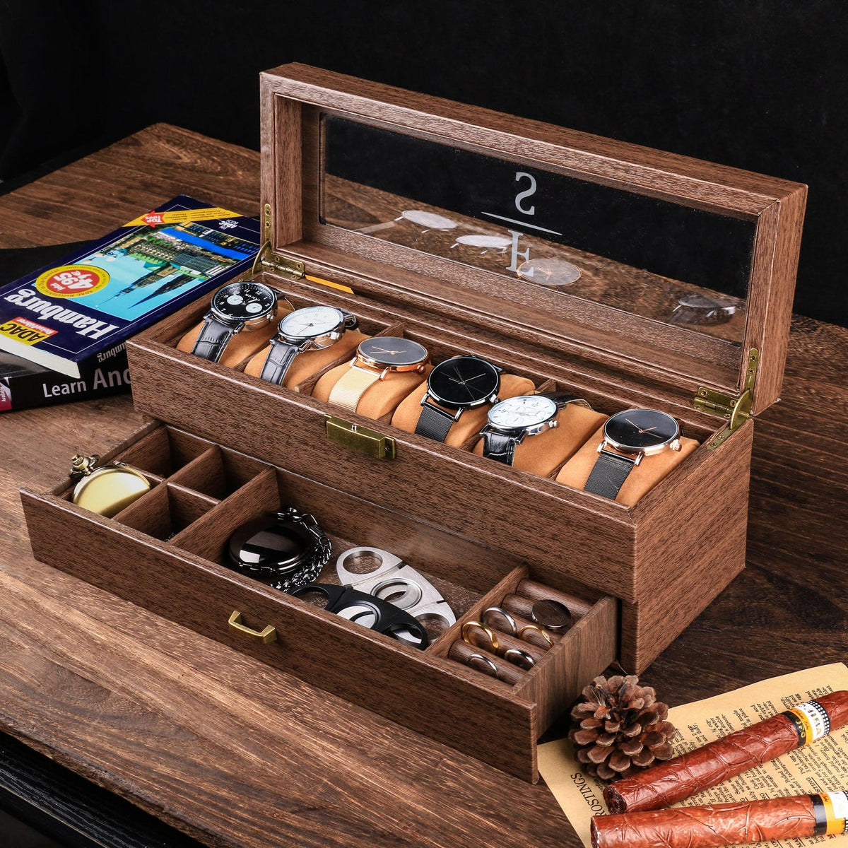 Personalized Engraved Watch Box, With Drawer Watch Display Case for 6 12 Watches, Valentines Day gift for Him, Gift for husband & boyfriend