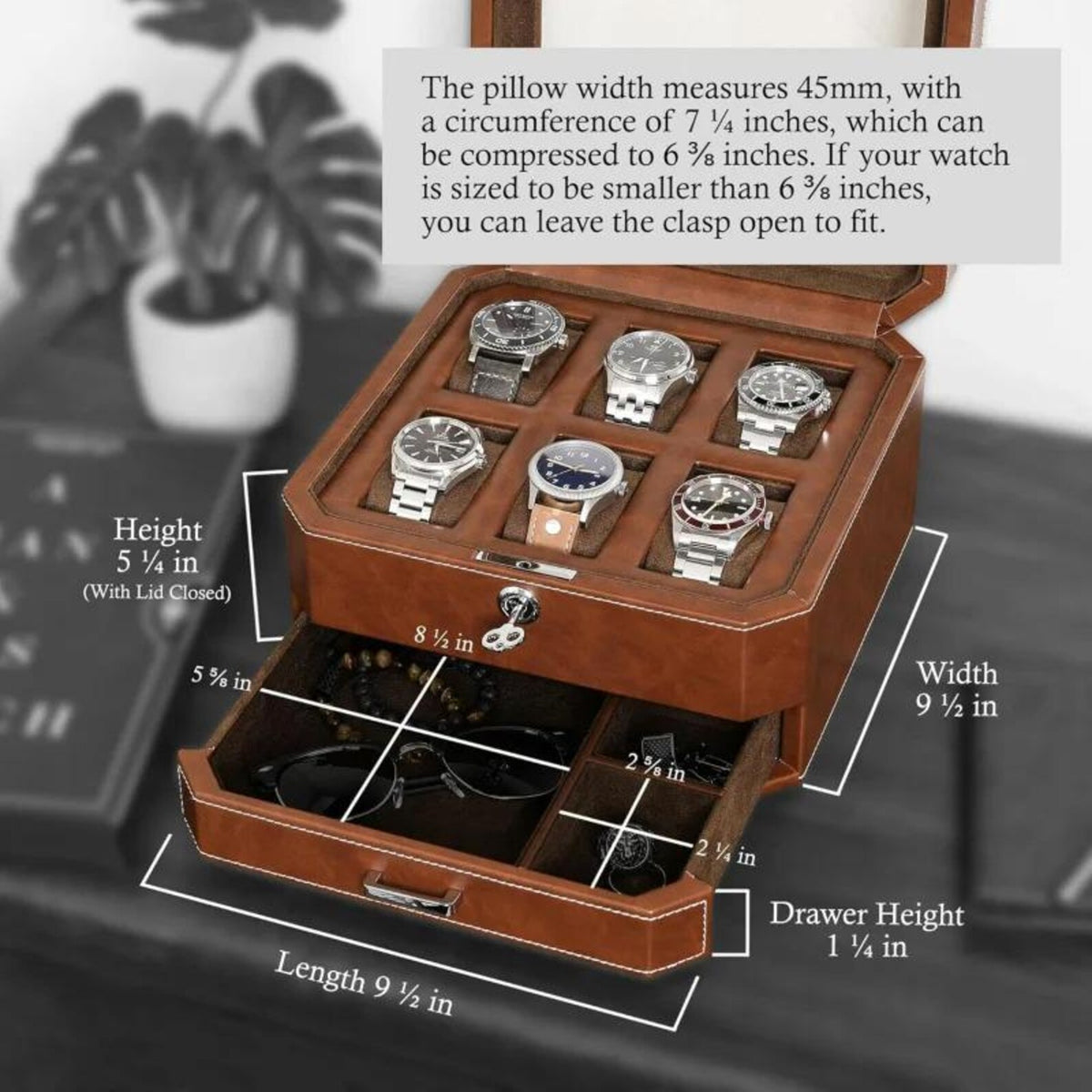 6-Slot Watch Box Organizer, Glass Top, Valet Drawer