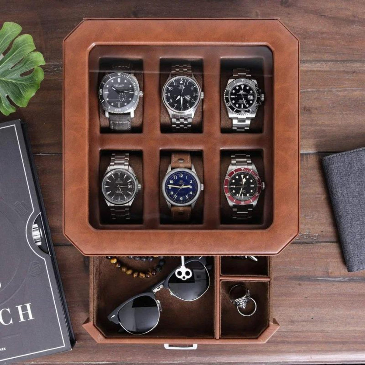 6-Slot Watch Box Organizer, Glass Top, Valet Drawer
