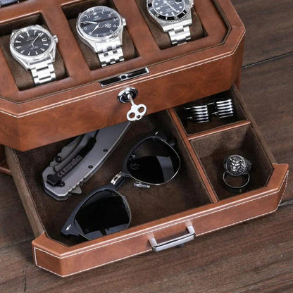 6-Slot Watch Box Organizer, Glass Top, Valet Drawer