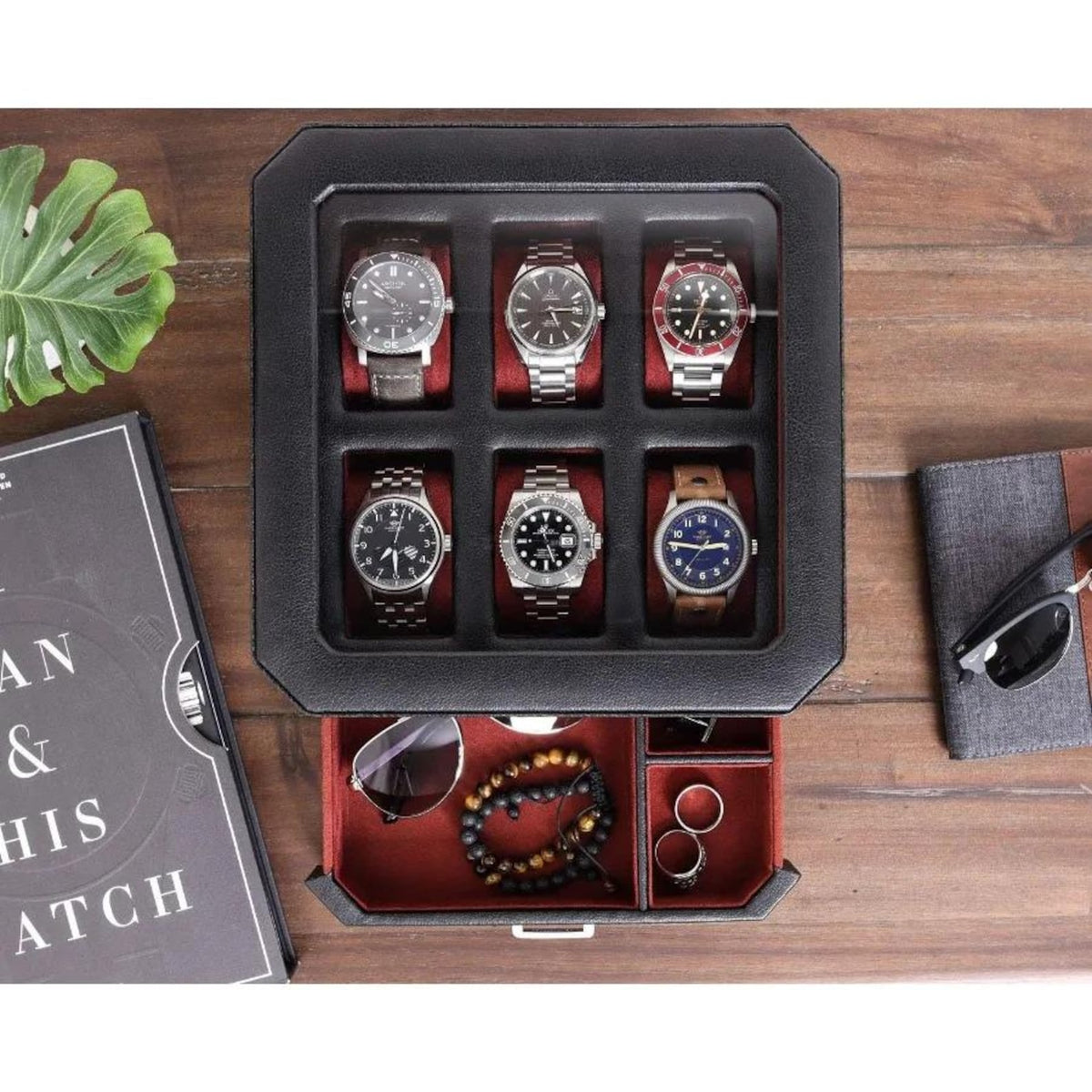 6-Slot Watch Box Organizer, Glass Top, Valet Drawer