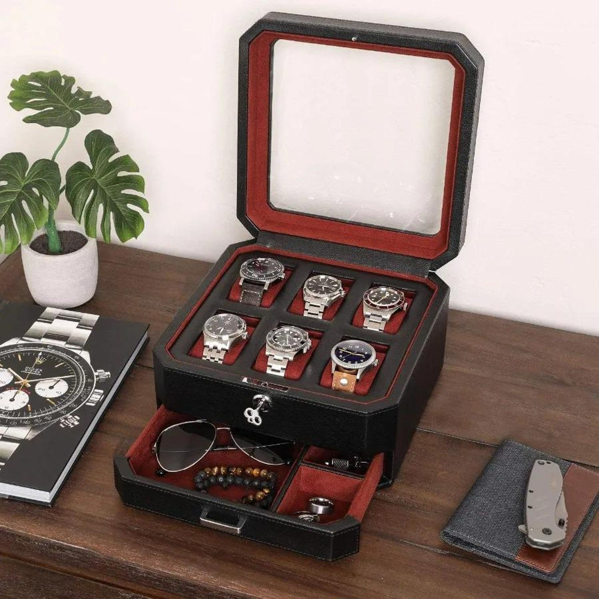6-Slot Watch Box Organizer, Glass Top, Valet Drawer