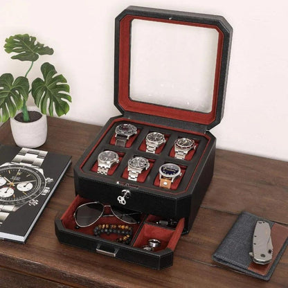 6-Slot Watch Box Organizer, Glass Top, Valet Drawer