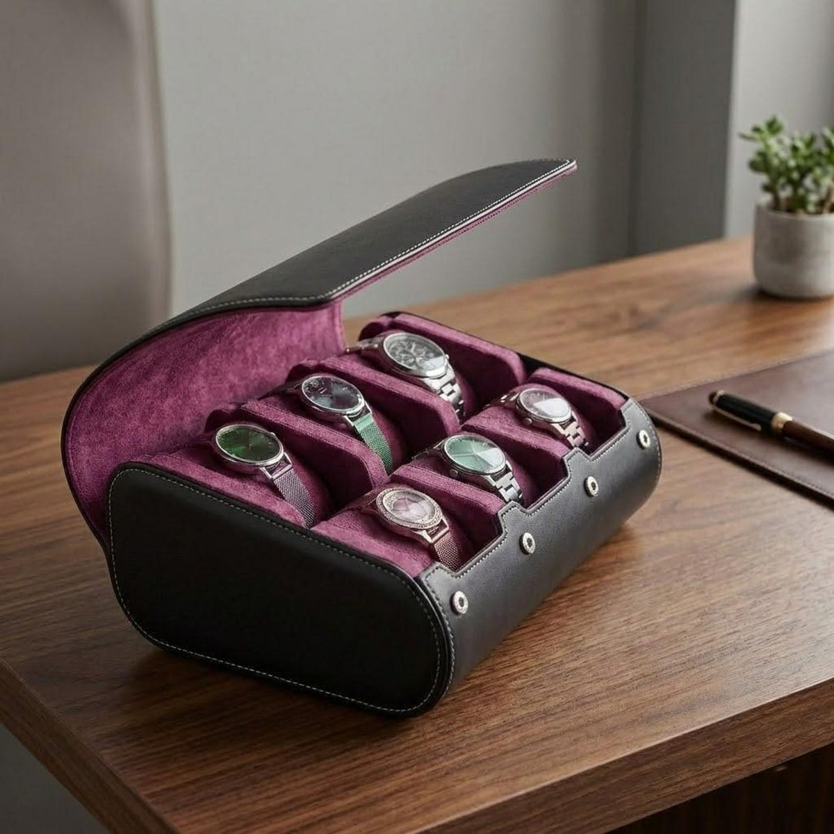 Leather Watch Travel Case for Men & Women – 6 Slot Watch Roll Organizer