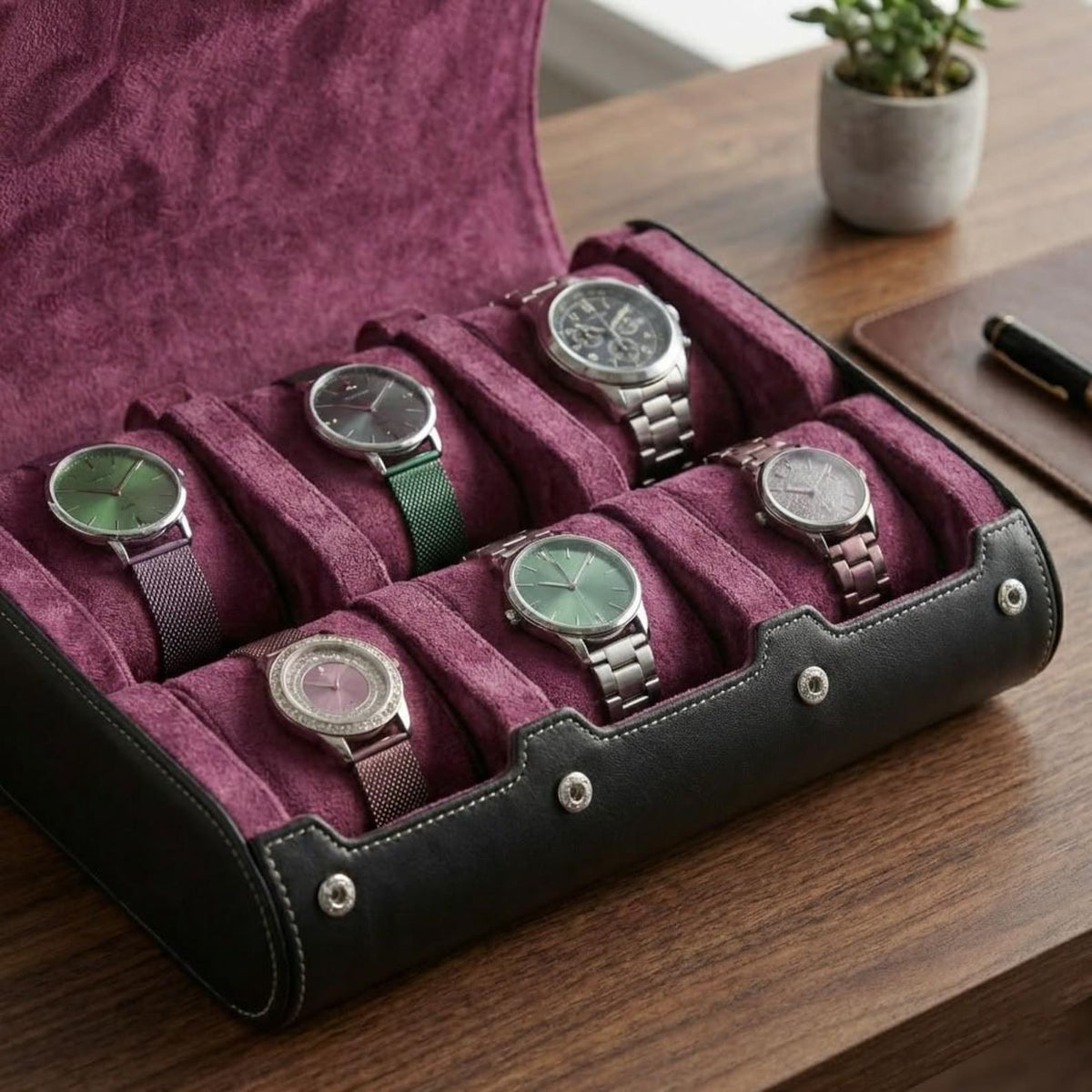 Leather Watch Travel Case for Men & Women – 6 Slot Watch Roll Organizer