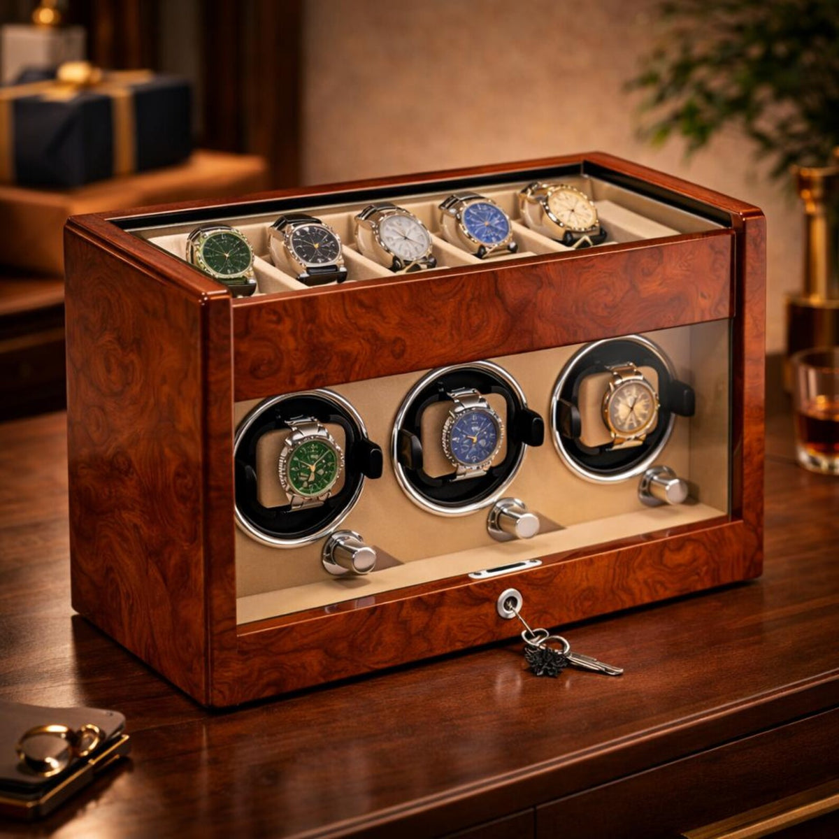 Lockable Piano Lacquer Watch Winder – Automatic Rotation & Storage