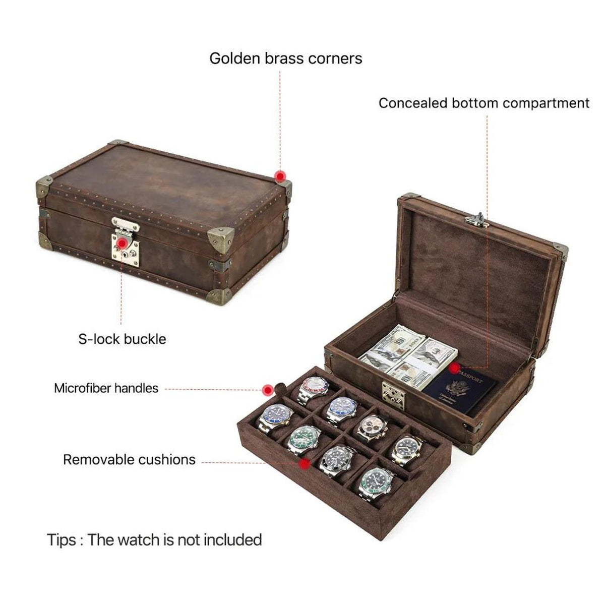 Lockable Leather Watch Box Organizer | Luxury Watch Collection Case for 6–10 Watches
