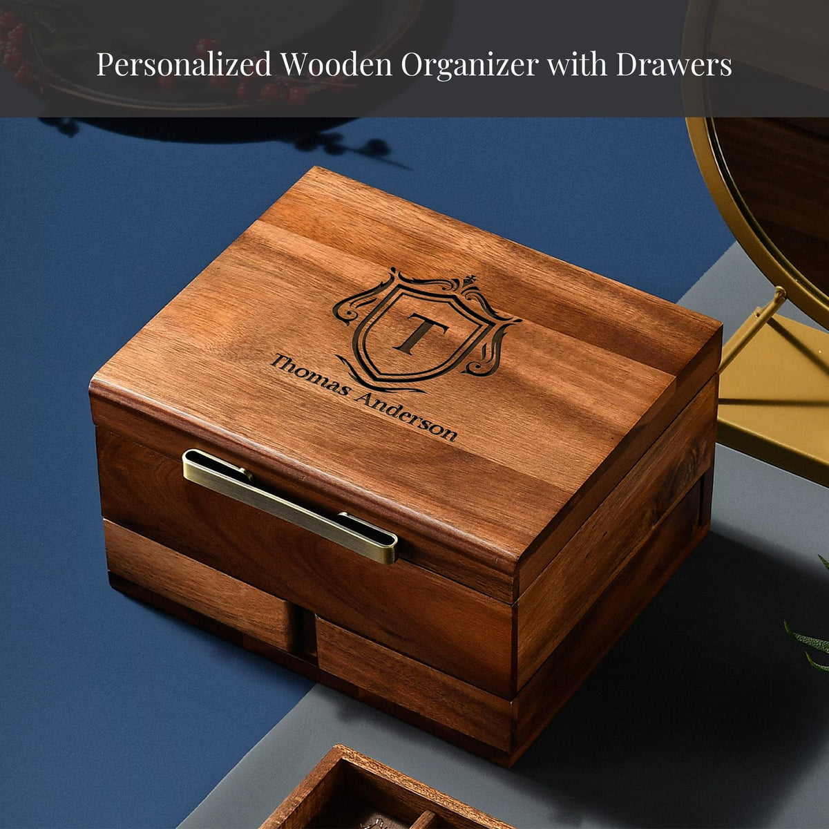 Engraved Rustic Watch Box for Men Dresser Organizer with Divider Pillow Pull-Out Drawer Case for Men Jewelry Fathers Day or Valentine Gift