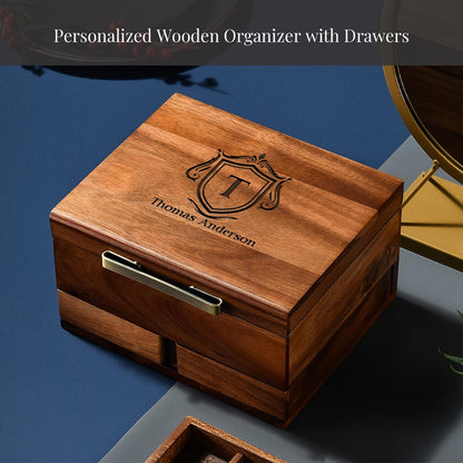 Engraved Rustic Watch Box for Men Dresser Organizer with Divider Pillow Pull-Out Drawer Case for Men Jewelry Fathers Day or Valentine Gift
