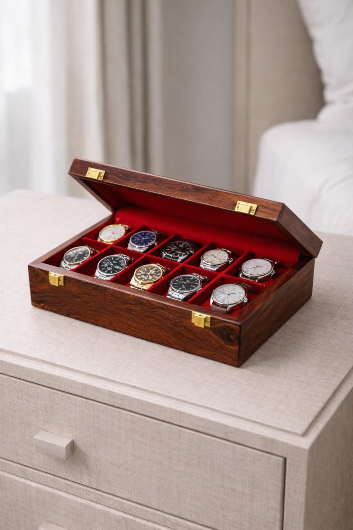 Luxury Wooden 10 Slots Watch Box With Red Interior: 1st Anniversary Present For him