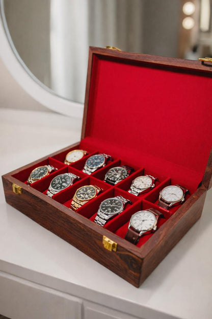 Luxury Wooden 10 Slots Watch Box With Red Interior: 1st Anniversary Present For him