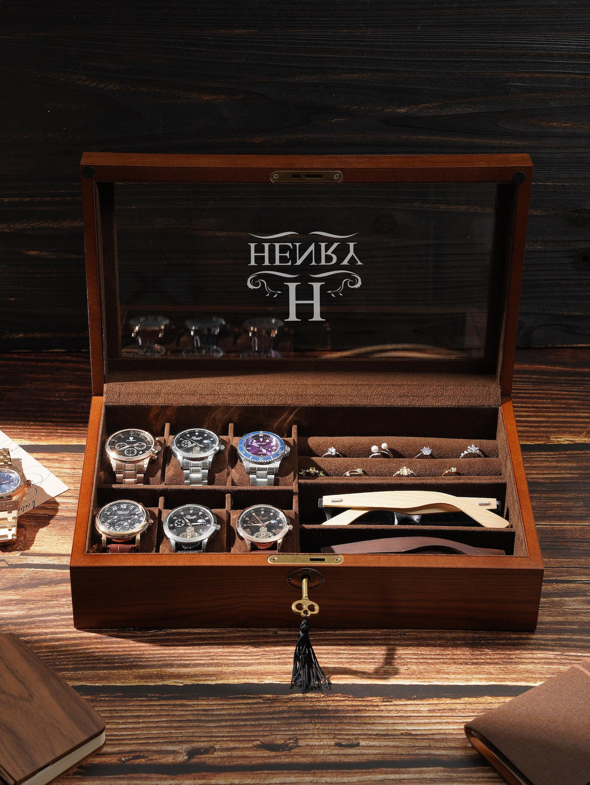 Personalized Wooden Jewelry - Watch Box with Lock, Multi-Layer Organizer for Men & Women, Ring Eyeglasses Storage, Custom Monogram Gift