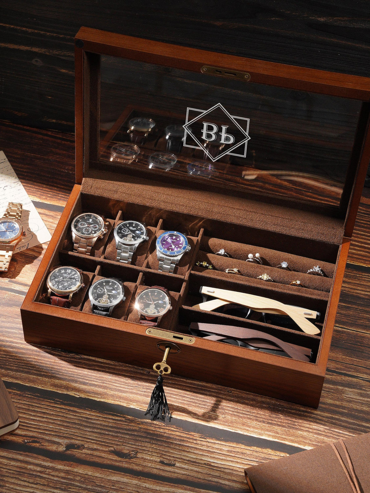 Personalized Wooden Jewelry - Watch Box with Lock, Multi-Layer Organizer for Men & Women, Ring Eyeglasses Storage, Custom Monogram Gift