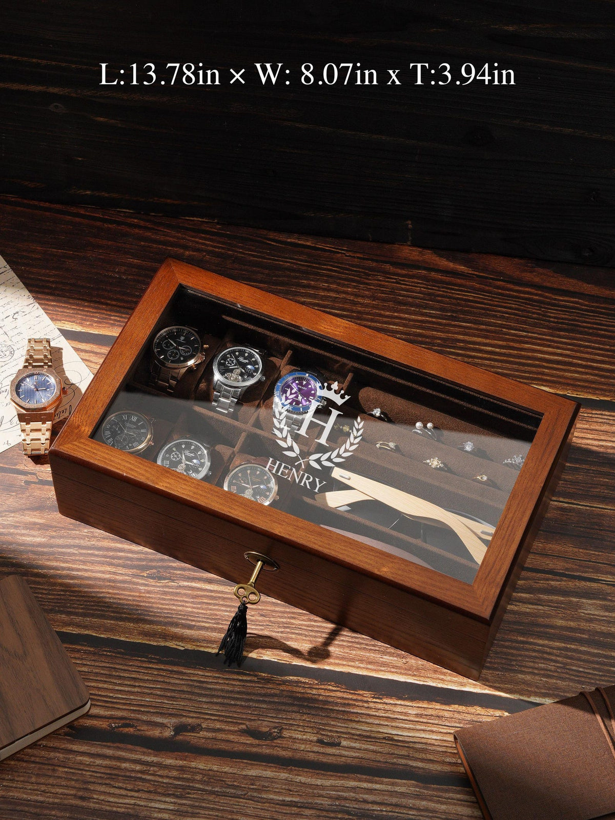 Personalized Wooden Jewelry - Watch Box with Lock, Multi-Layer Organizer for Men & Women, Ring Eyeglasses Storage, Custom Monogram Gift