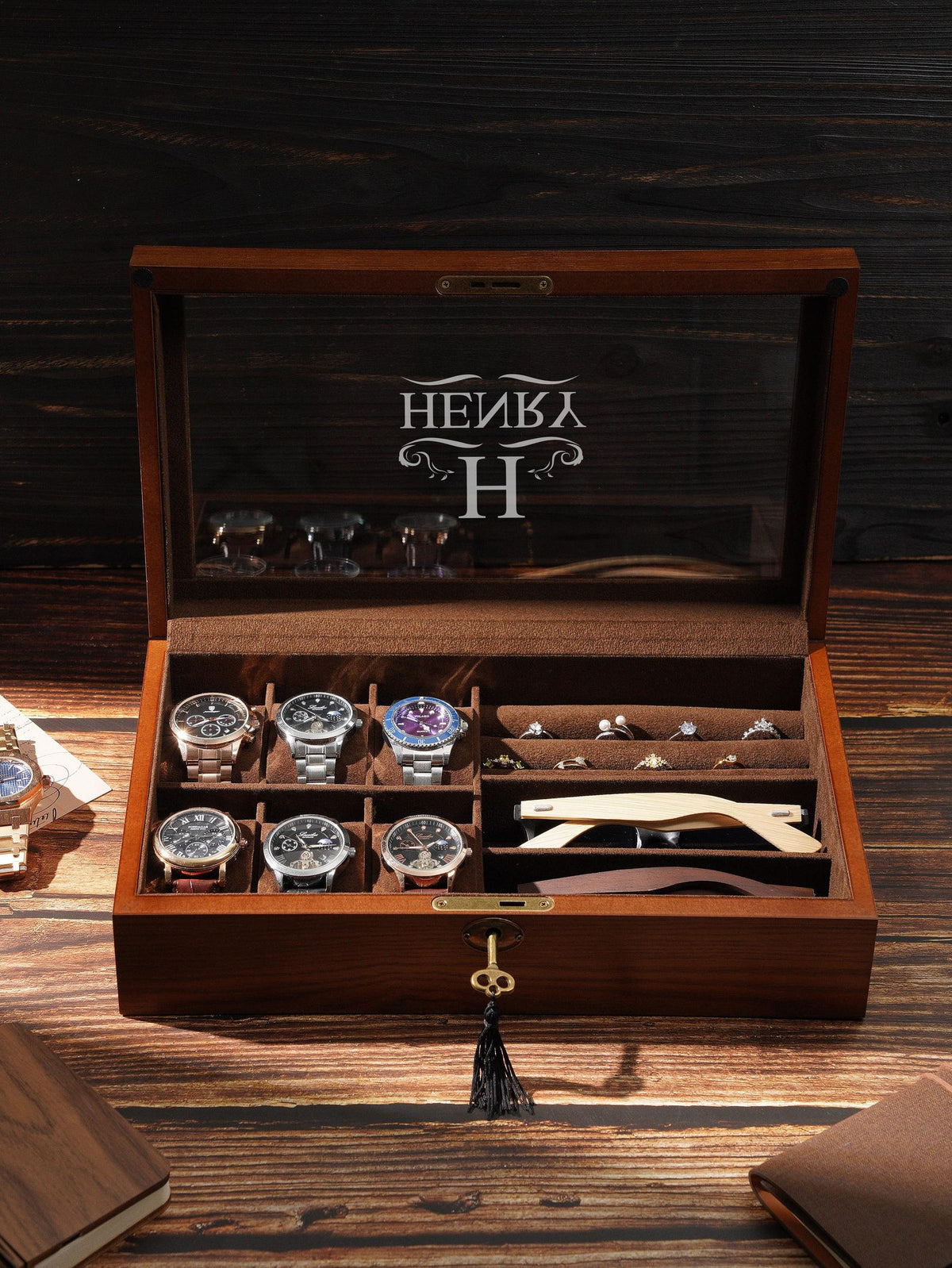 Personalized Wooden Jewelry - Watch Box with Lock, Multi-Layer Organizer for Men & Women, Ring Eyeglasses Storage, Custom Monogram Gift