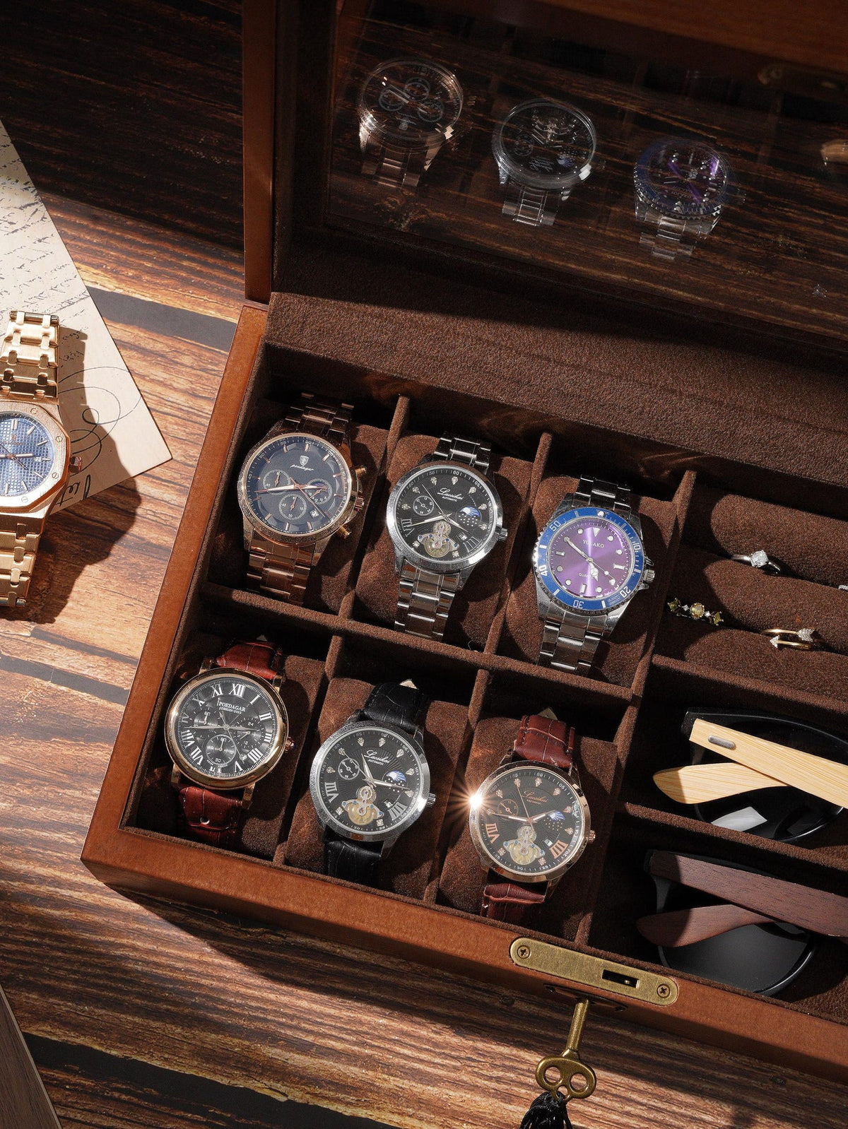 Personalized Wooden Jewelry - Watch Box with Lock, Multi-Layer Organizer for Men & Women, Ring Eyeglasses Storage, Custom Monogram Gift